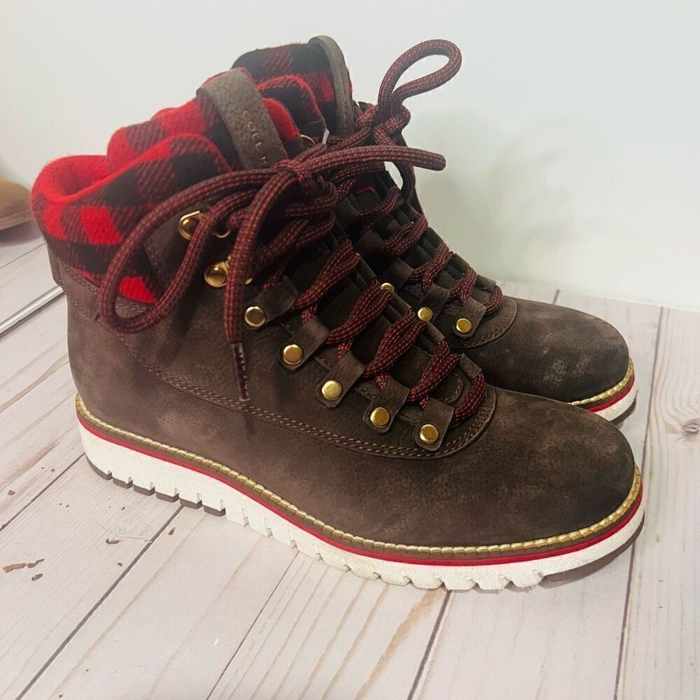 Cole Haan Grand Explore Brown Suede Ankle Boots Wool Buffalo Plaid Red Black Sz - Picture 3 of 10